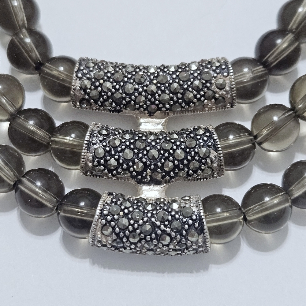 Vintage Triple Strand Natural Smoky Quartz .925 Sterling Silver  Necklace - Picture 6 of 7